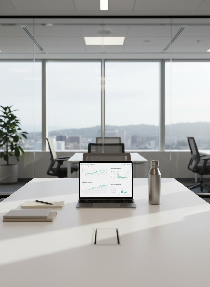 A sleek glass-walled conference room in a high-rise Bay Area office, dominated by a long matte-white table with a single open laptop displaying a clean financial dashboard of charts and rolling forecasts. Neutral-toned notebooks, a slim graphite pencil, and a minimalist stainless-steel water bottle are precisely aligned along the table’s edge. Through the glass, blurred outlines of modern office furniture and city skyline appear. Soft, diffused daylight pours in from floor-to-ceiling windows, creating gentle reflections on the tabletop and laptop screen. Shot at eye level with a wide angle and sharp focus, the composition feels orderly and balanced. The atmosphere is professional, calm, and strategic, with a clean, modern photographic realism and a structured corporate aesthetic.