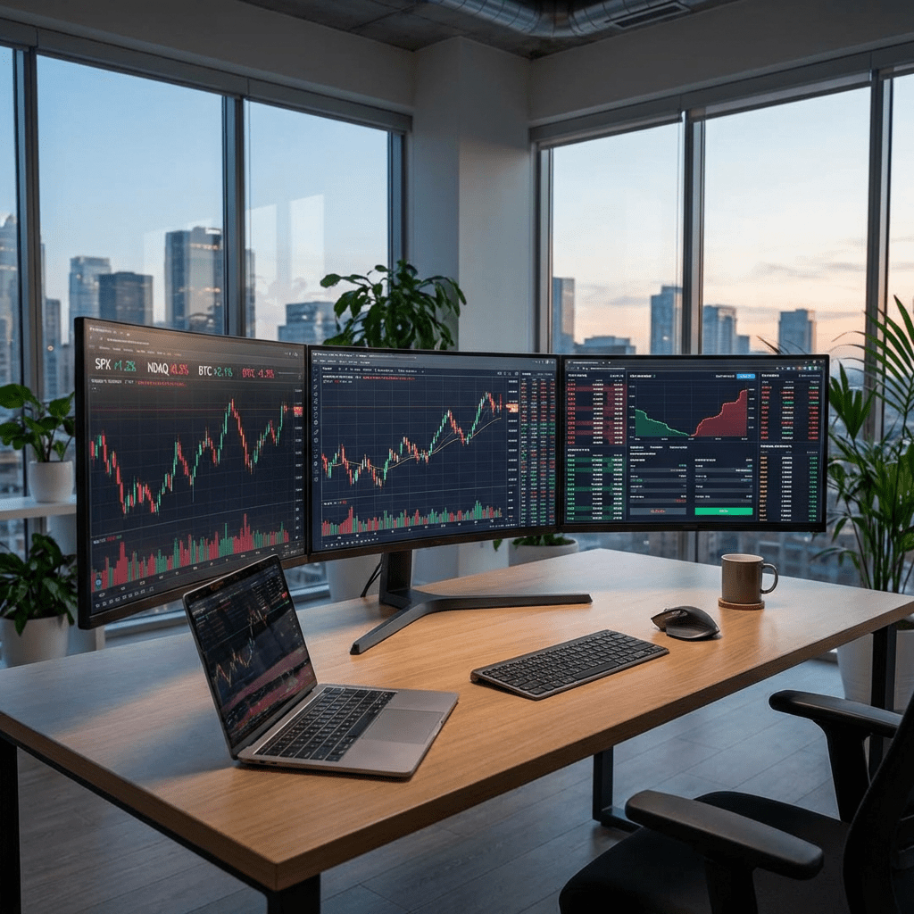 Professional workstation with three monitors displaying stock market data in a high-rise office.